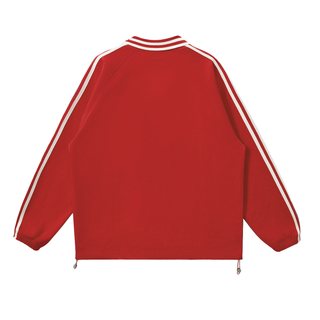 The Prattville Sweatshirt is a red varsity-style jacket shown from the back, with white stripes on the sleeves and collar, elastic cuffs, and drawstrings at the hem—perfect for adding vintage streetwear vibes to any outfit.