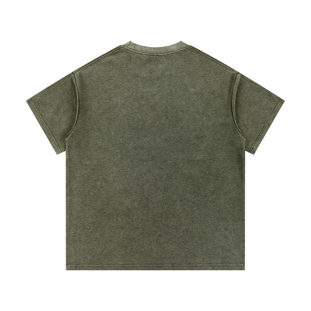 Greenville Waffle Shirt in olive green, unisex cotton blend, shown laid flat from the back on a white background. Features a simple, plain design with no visible logos or graphics for a relaxed summer streetwear vibe.