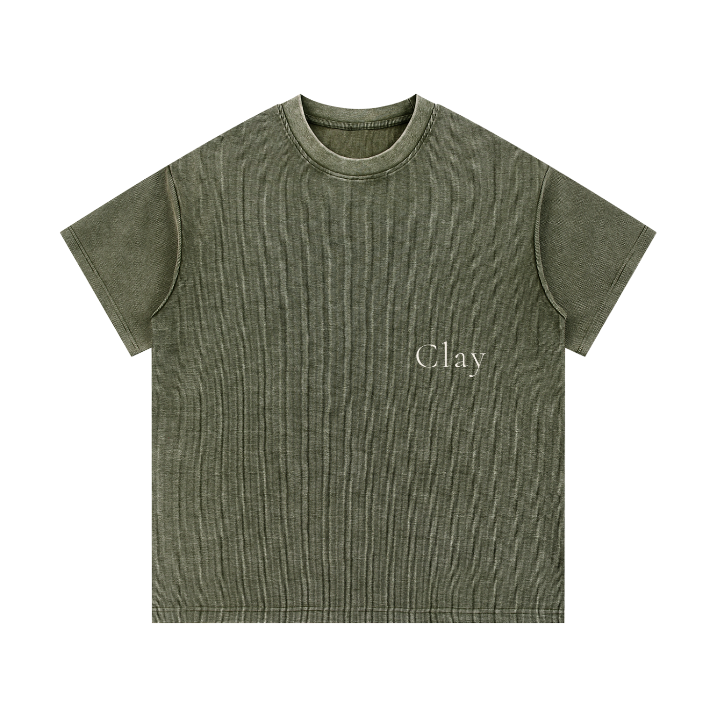 The Greenville Waffle Shirt is an olive green unisex cotton blend tee with "Clay" in small white serif font on the left chest. It features short sleeves and a crew neckline for a relaxed, streetwear-inspired look.