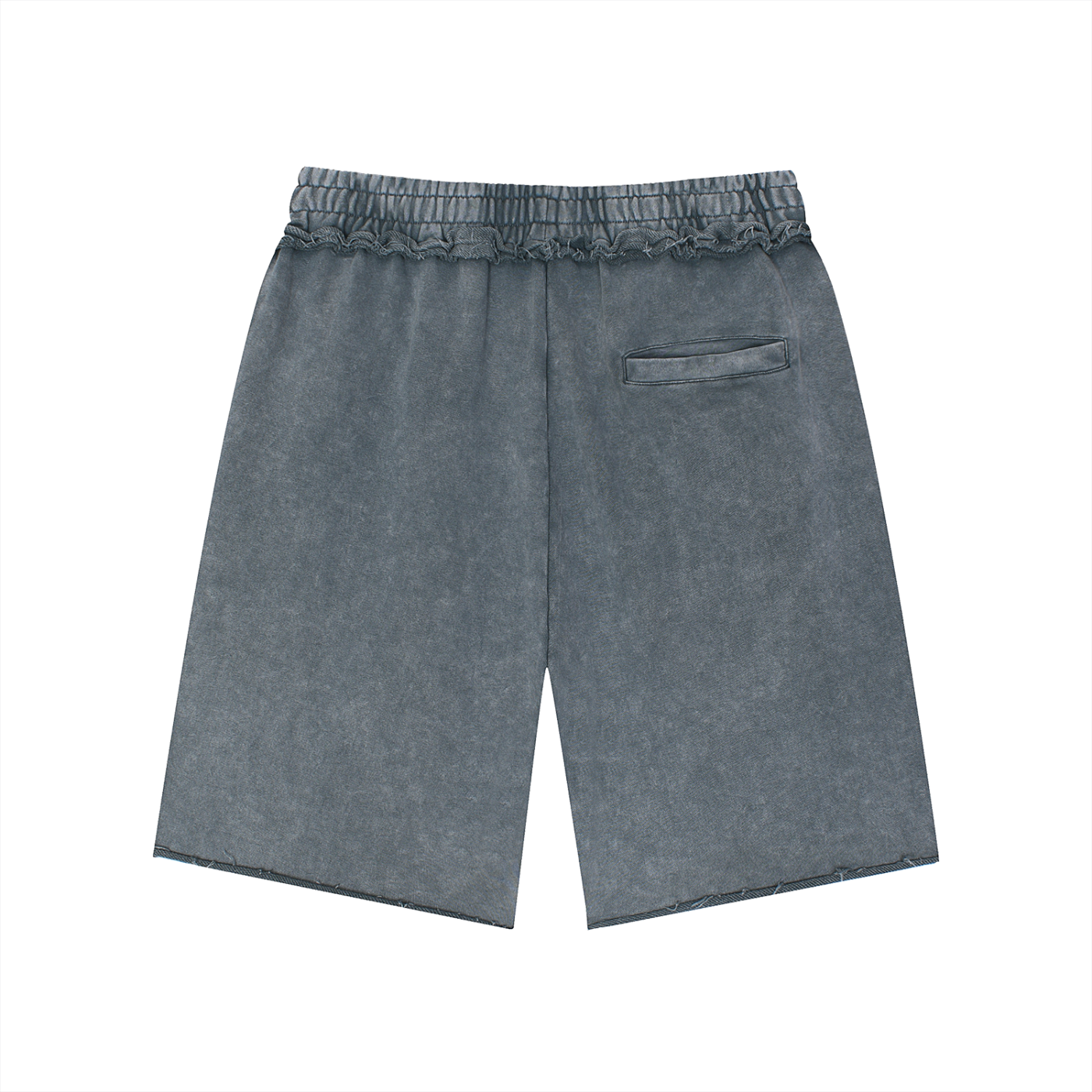 Back view of Pensacola Shorts—vintage streetwear-inspired, loose mid waist, gray unisex cotton shorts with elastic waistband and single back pocket—shown on a white background.