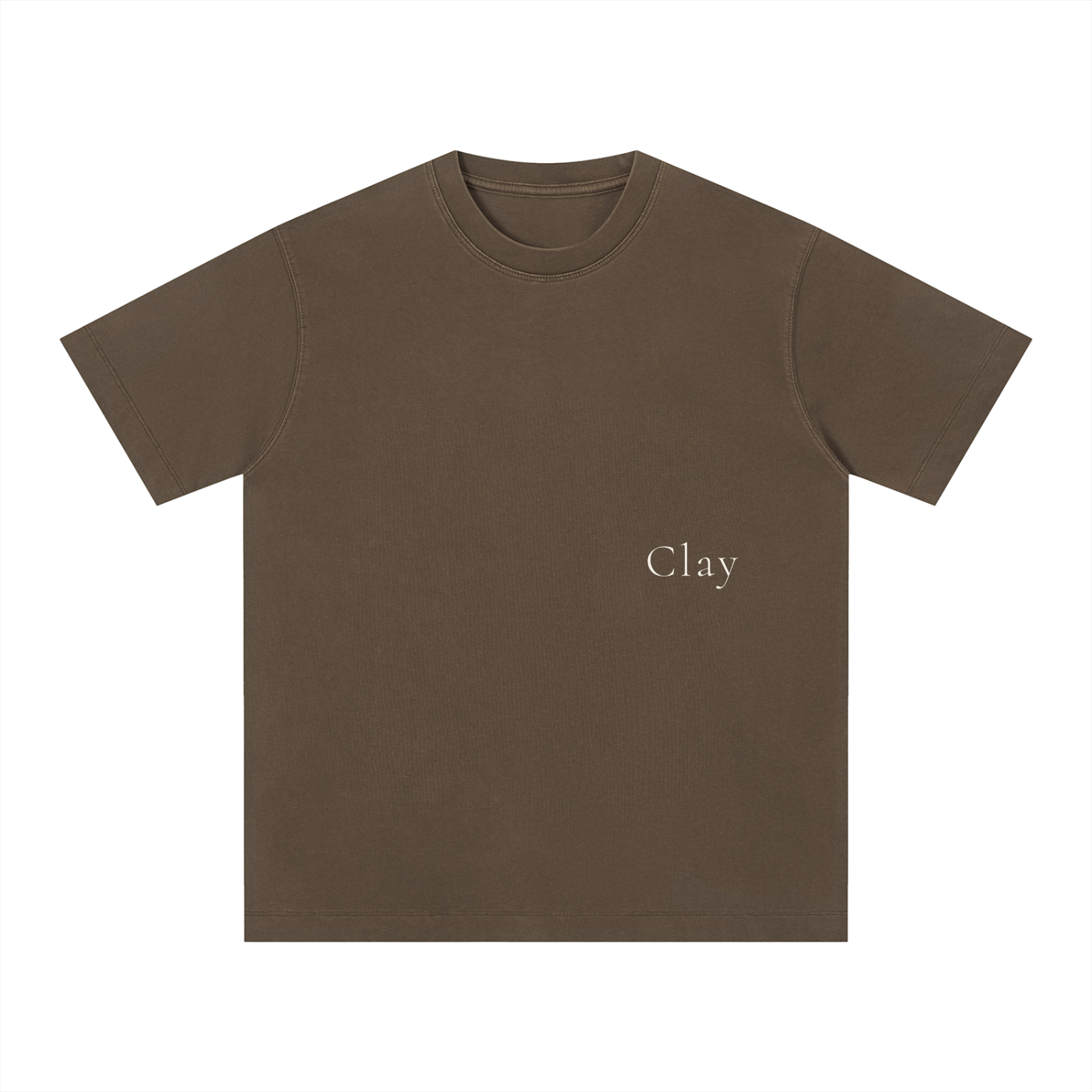 The Charleston Shirt is a loose fit unisex brown cotton t-shirt with "Clay" printed in small, light text on the left chest. This short sleeve tee is shown on a white background.