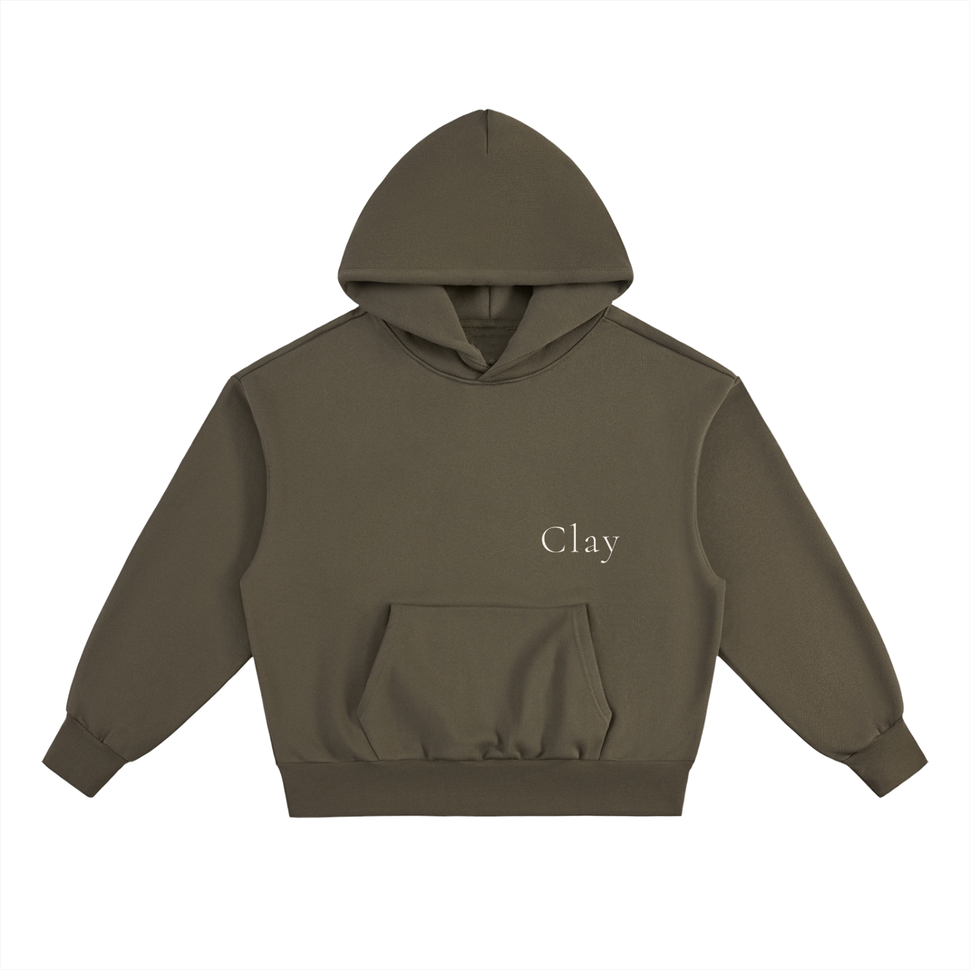 The Selma Hoodie is a unisex olive green hoodie made from a soft cotton blend, featuring "Clay" in white on the left chest and a front pocket, displayed on a white background.