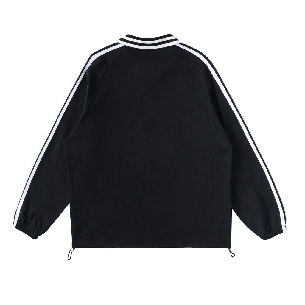 The Prattville Sweatshirt is a black, long sleeve jacket with white stripes on the sleeves, a striped collar, elastic cuffs, and an adjustable drawstring hem for a street vintage style.