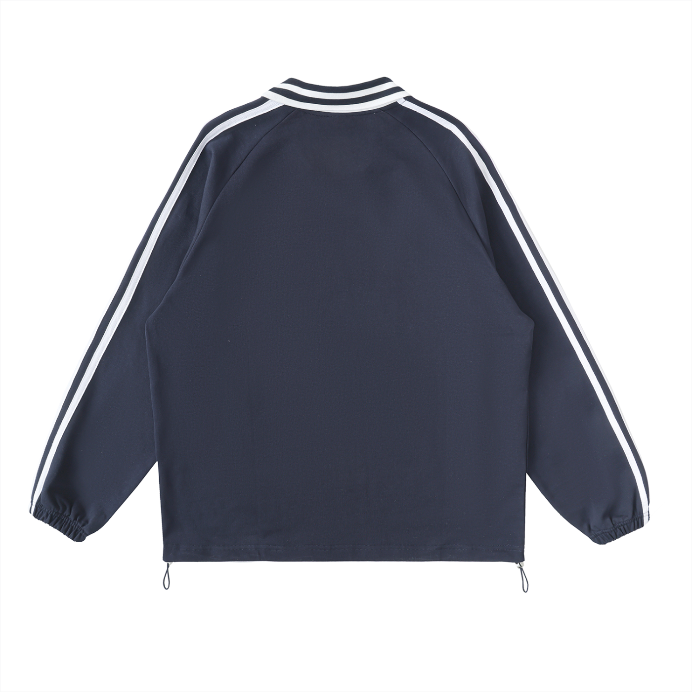 The Prattville Sweatshirt is a navy blue, long sleeve jacket shown from the back, featuring white stripes on the sleeves and collar, elastic cuffs, and a straight hem with adjustable drawstrings for a street vintage look.