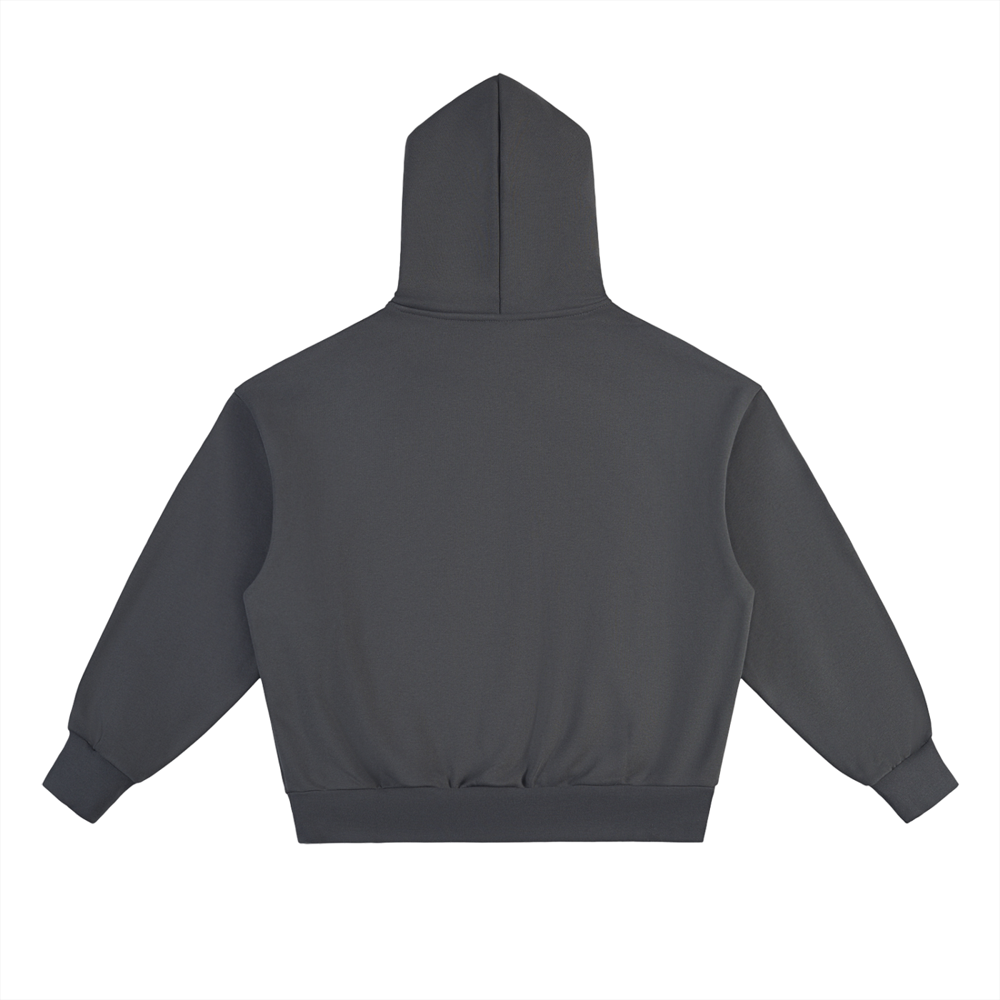 The Selma Hoodie, an oversized unisex design in plain dark gray cotton blend, is laid flat with the back facing up. It features long sleeves, ribbed cuffs, and a ribbed waistband.