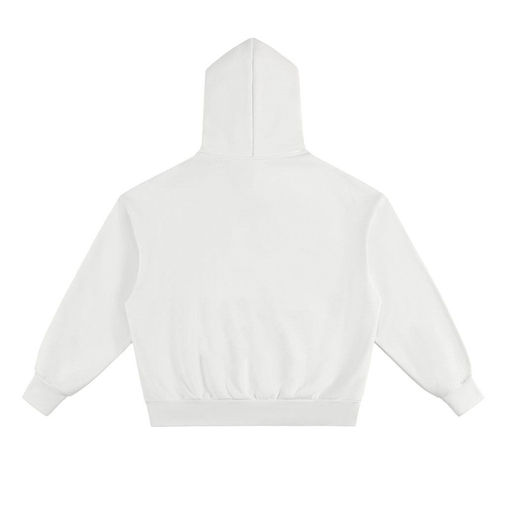 Back view of the Selma Hoodie, an oversized unisex white hoodie with long sleeves and ribbed cuffs and hem, made from a soft cotton blend, shown on a white background.