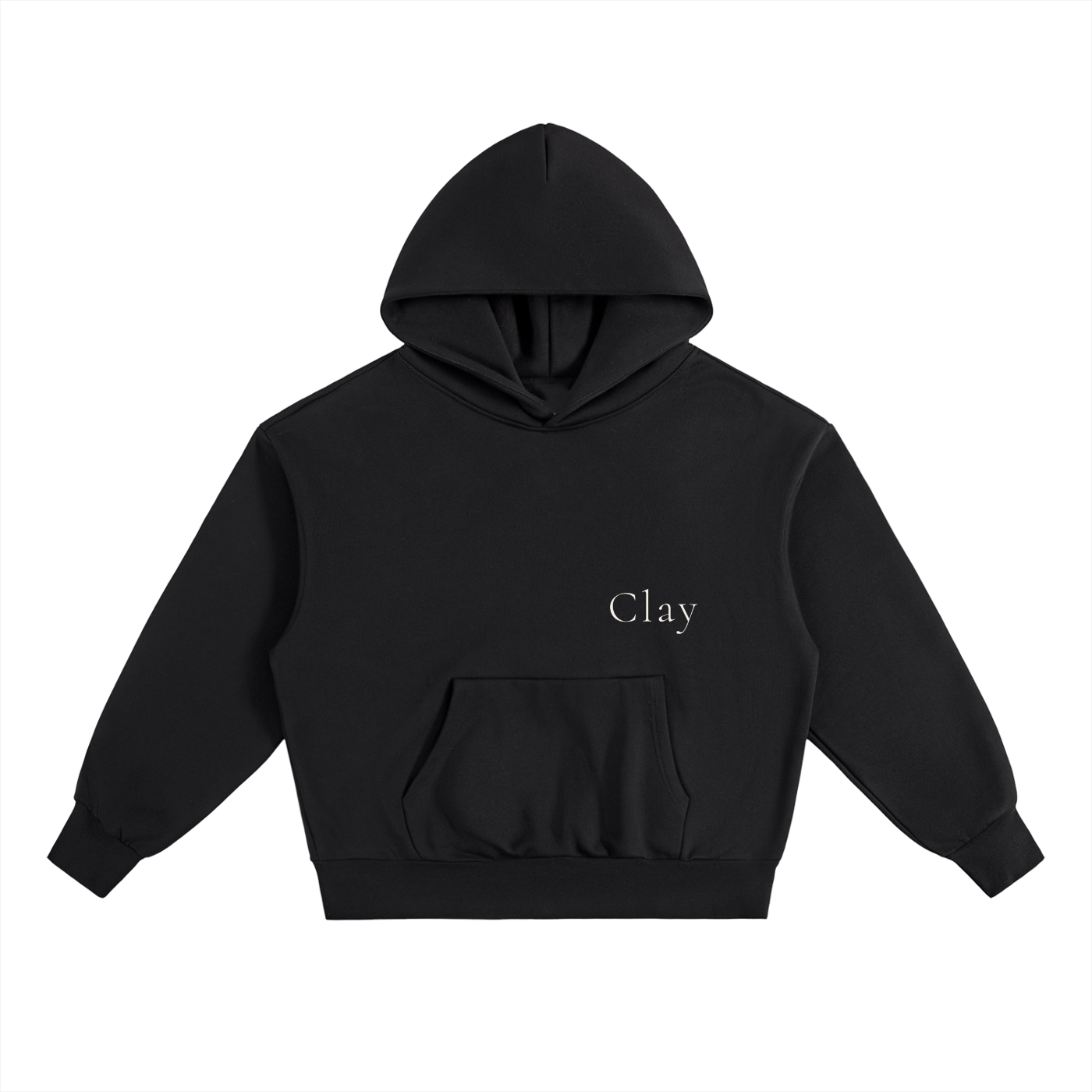 The Selma Hoodie is a black unisex, oversized hoodie made from a soft cotton blend with a front pocket. "Clay" is embroidered in small white text on the left chest. Shown laid flat on a white background.