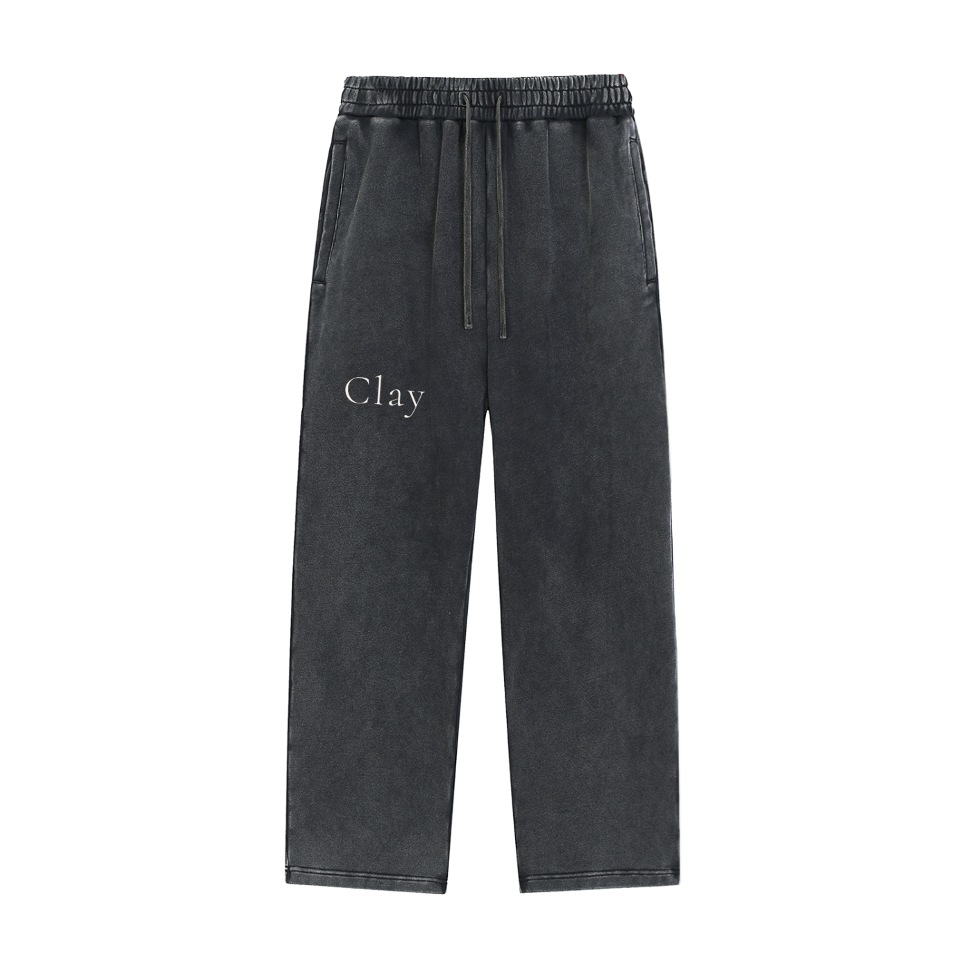 Nashville Sweatpants: Charcoal gray, loose-fit unisex cotton pants with an elastic waistband, side pockets, and a drawstring. "Clay" printed in white on the left thigh—streetwear style, shown laid flat on a white background.
