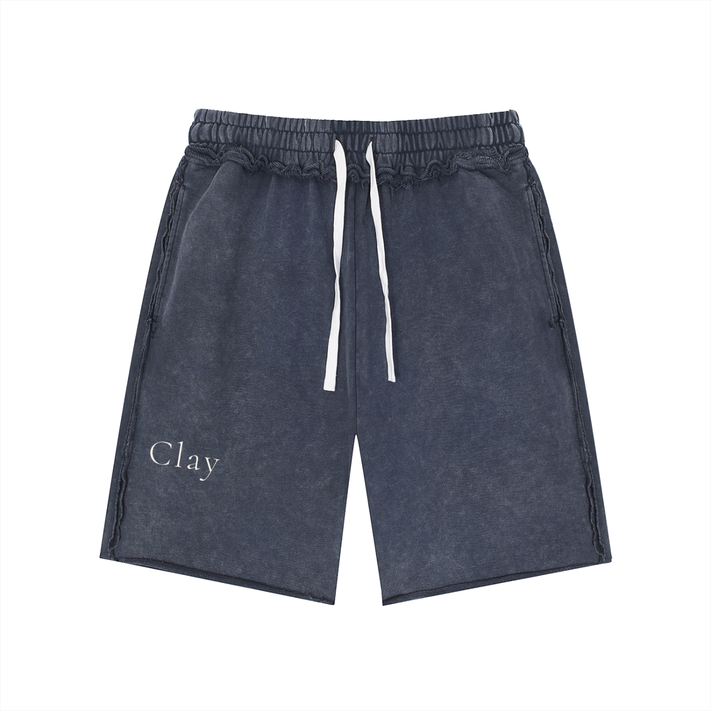 The Pensacola Shorts are dark gray unisex cotton shorts with a loose mid waist, elastic waistband, and "Clay" printed in white on the left leg for a vintage streetwear look.