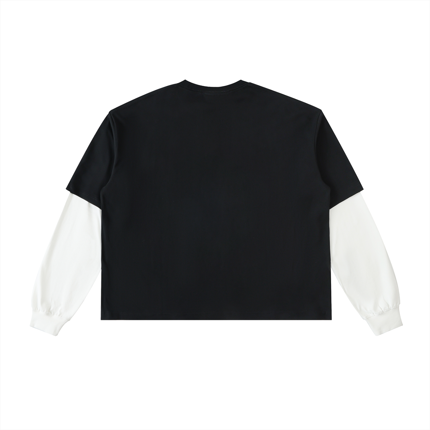 The Montgomery Shirt is a casual streetwear long-sleeve top with a black body and contrasting white sleeves, shown flat on a white background from the back view.