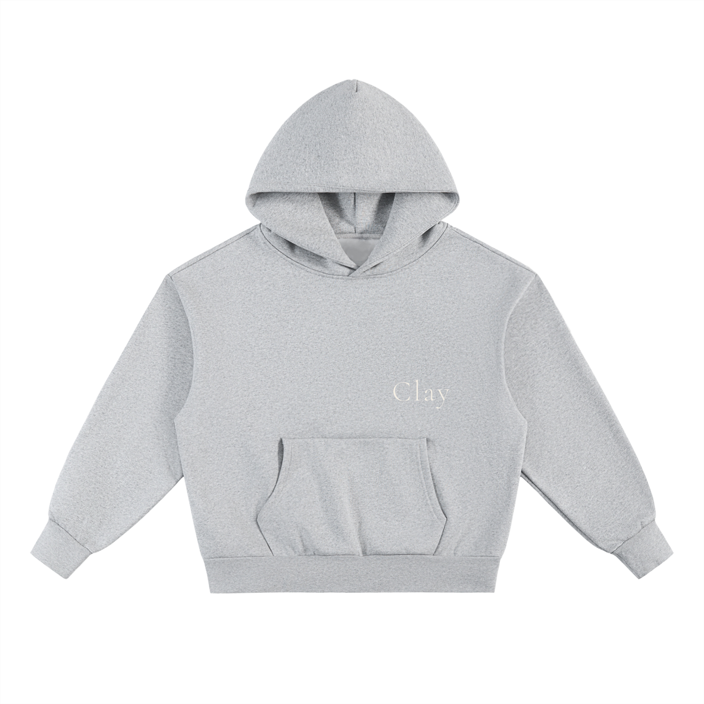 The Selma Hoodie is a light gray, oversized unisex sweatshirt made from a soft cotton blend. It features long sleeves, a front pouch pocket, no visible drawstrings, and "Clay" printed in small white letters on the left chest.