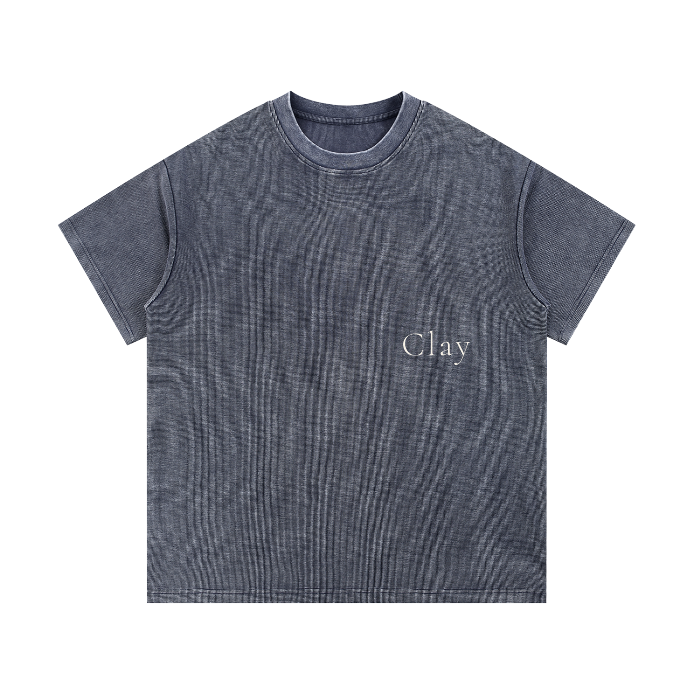 The Greenville Waffle Shirt is a unisex cotton blend streetwear essential in dark gray with "Clay" printed in small white letters on the left chest. Its loose fit and airy summer style deliver effortless, everyday comfort.