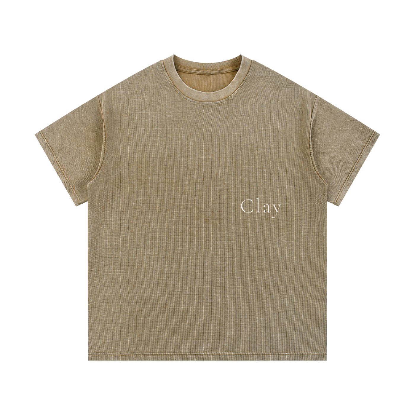 The Greenville Waffle Shirt is a light brown unisex cotton-blend tee with "Clay" in small white print on the left chest. It has a loose fit, short sleeves, and a crew neck—ideal for casual summer streetwear.