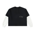 The Montgomery Shirt features black fabric with contrasting white long sleeves and "Clay" printed in small white letters on the left chest—ideal for casual streetwear.