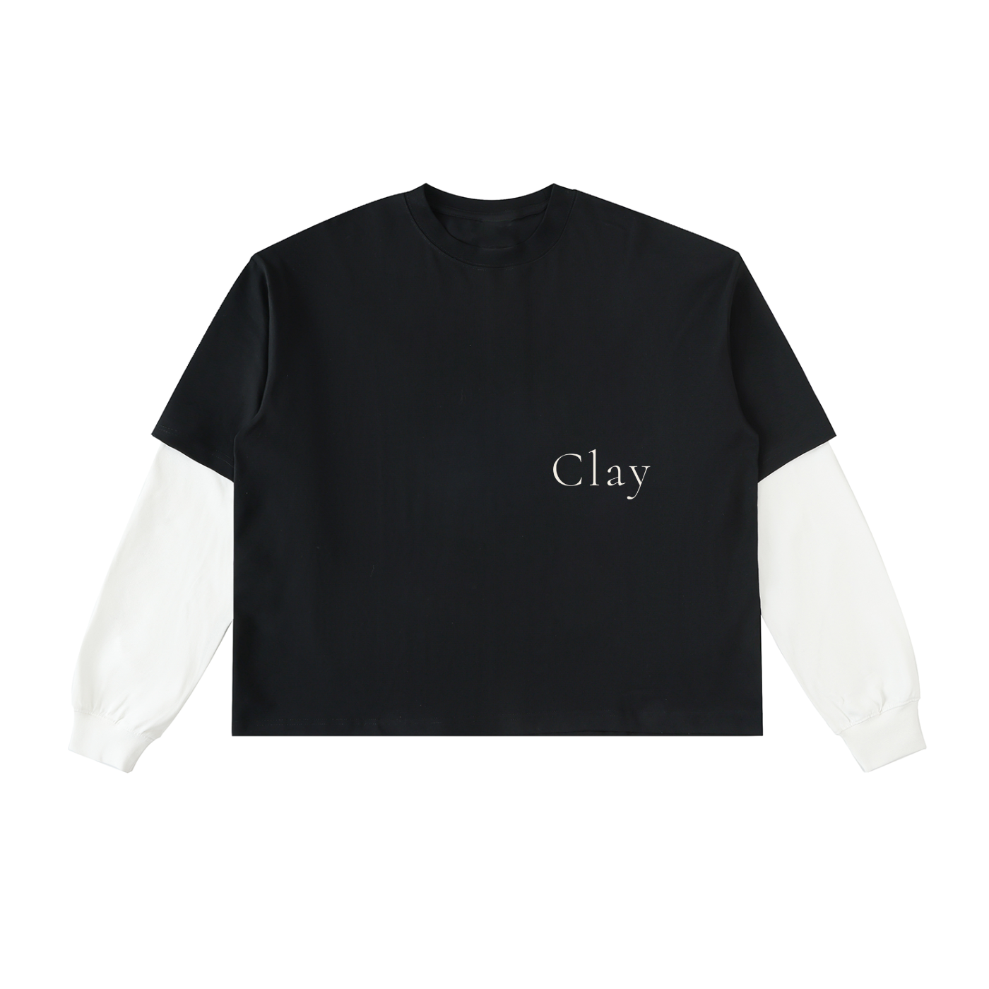 The Montgomery Shirt features black fabric with contrasting white long sleeves and "Clay" printed in small white letters on the left chest—ideal for casual streetwear.