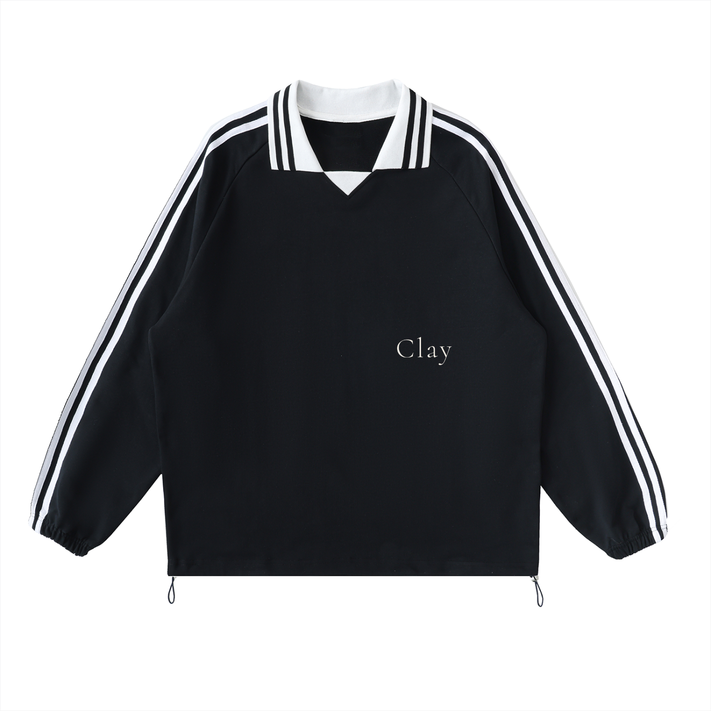 The Prattville Sweatshirt is a unisex black cotton top with long sleeves, white arm stripes, a white collar, "Clay" on the left chest, elastic cuffs, hem drawstrings, and a street vintage style.