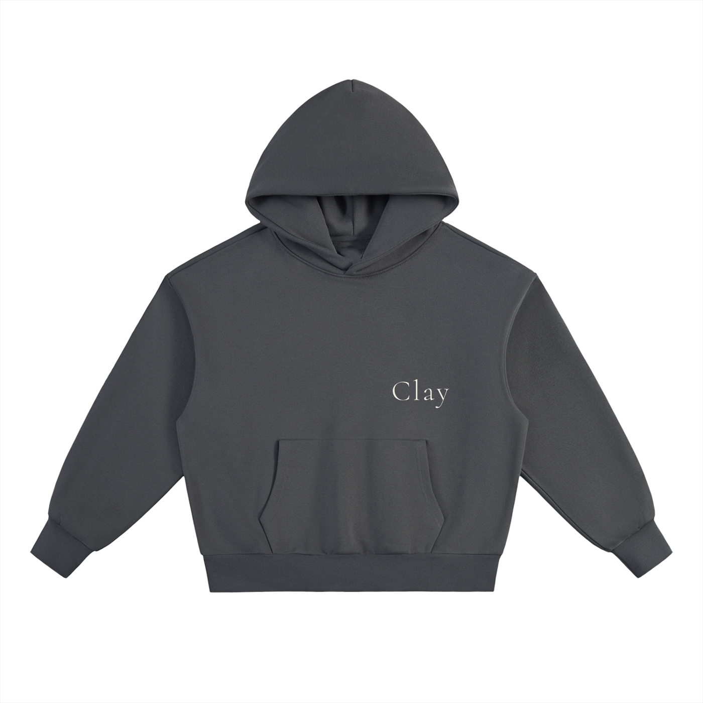 The Selma Hoodie is a dark gray, oversized unisex hoodie with long sleeves, a front pocket, and "Clay" in white on the upper left chest. Made from a comfy cotton blend for everyday wear.