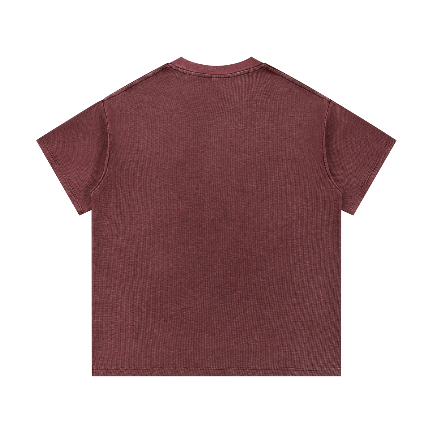 The Greenville Waffle Shirt, a plain maroon unisex cotton blend tee with short sleeves, is displayed flat with its back facing up on a white background.