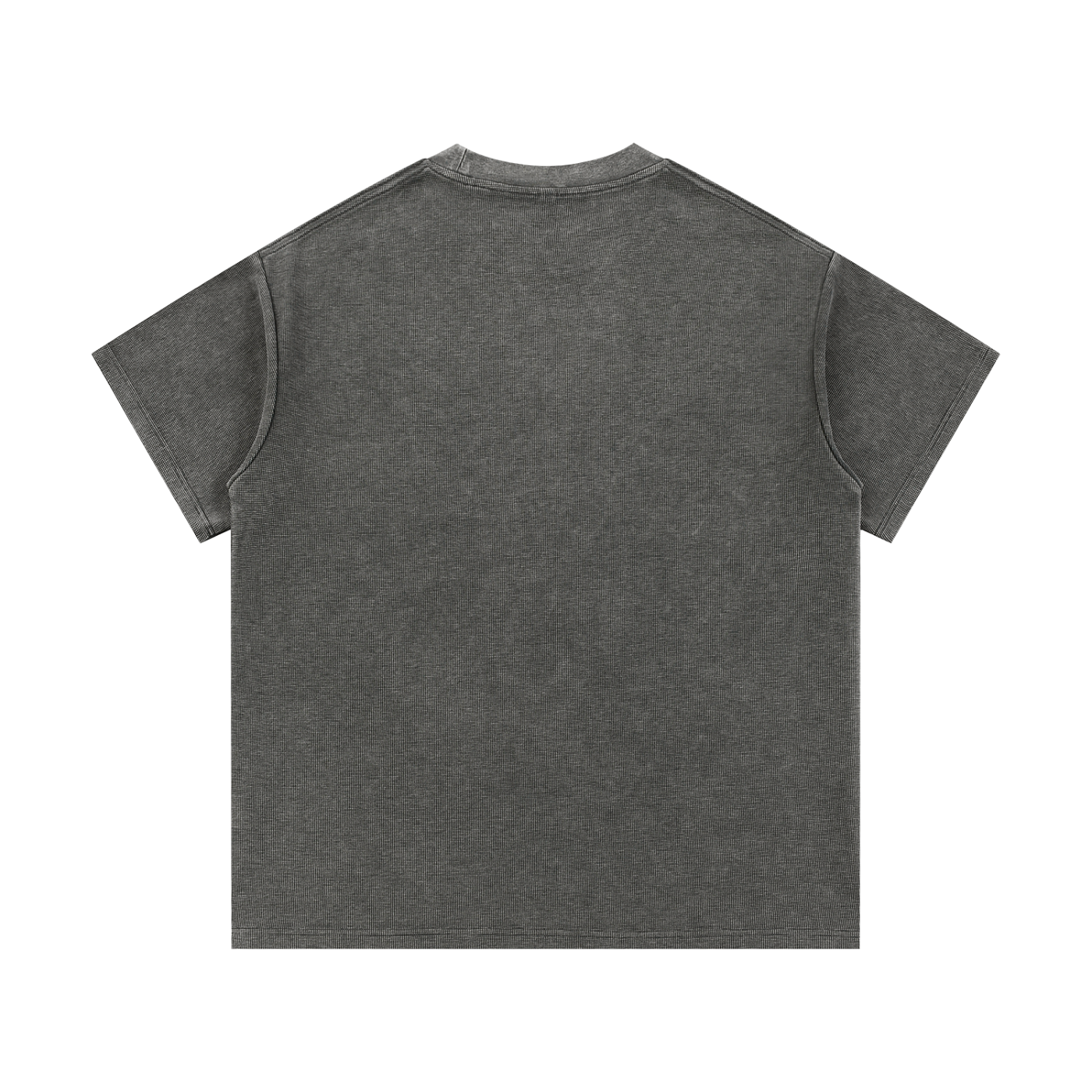 The Greenville Waffle Shirt, a plain short-sleeved unisex tee in dark gray cotton blend, is shown laid flat with the back facing up on a white background—perfect for casual streetwear.