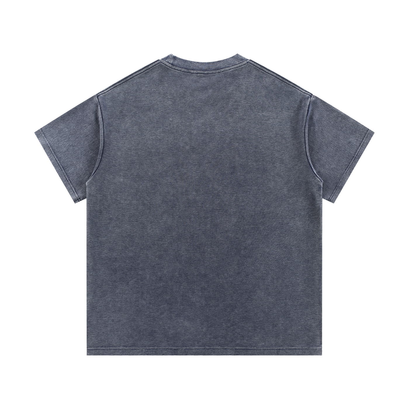 The Greenville Waffle Shirt is a unisex, short-sleeved crew neck tee in washed dark gray cotton blend, shown flat with the back up. Its visible seam stitching and relaxed, boxy fit make it a perfect loose summer streetwear staple.