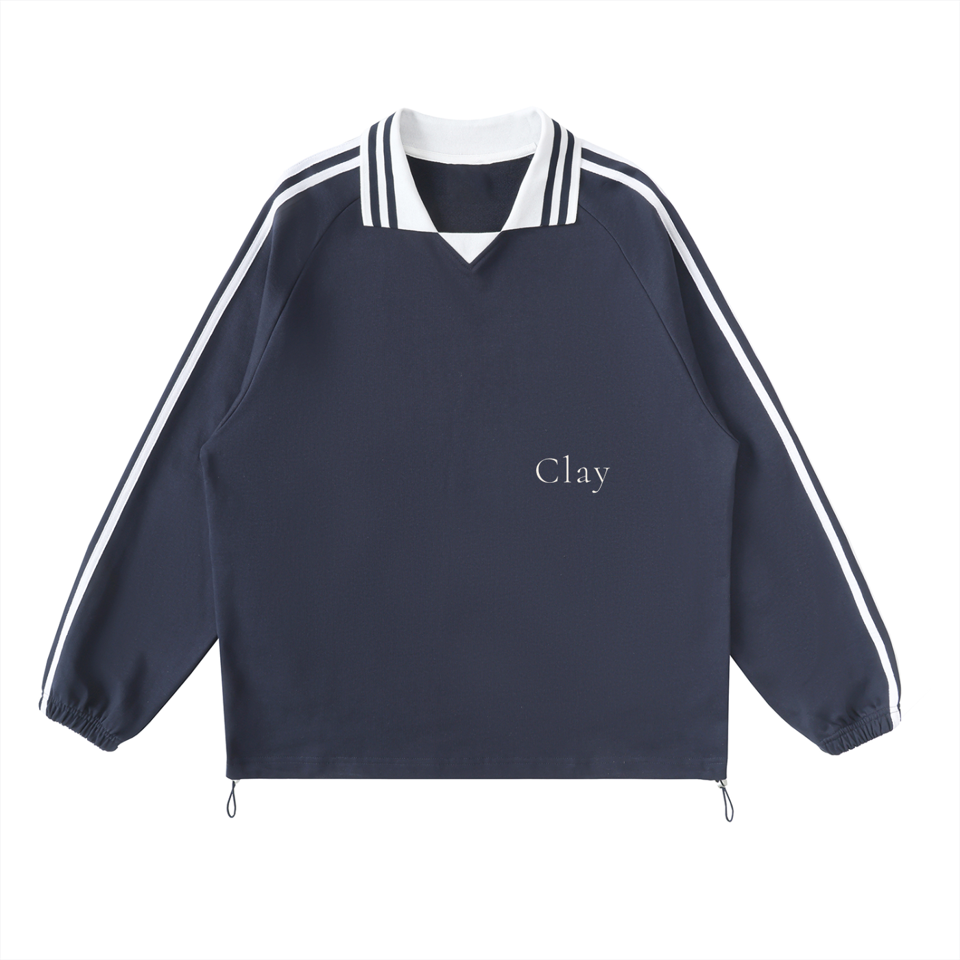 The Prattville Sweatshirt is a navy blue unisex cotton shirt with white stripes on the shoulders and sleeves, a white ribbed collar, and "Clay" printed on the chest—ideal for a street vintage vibe.