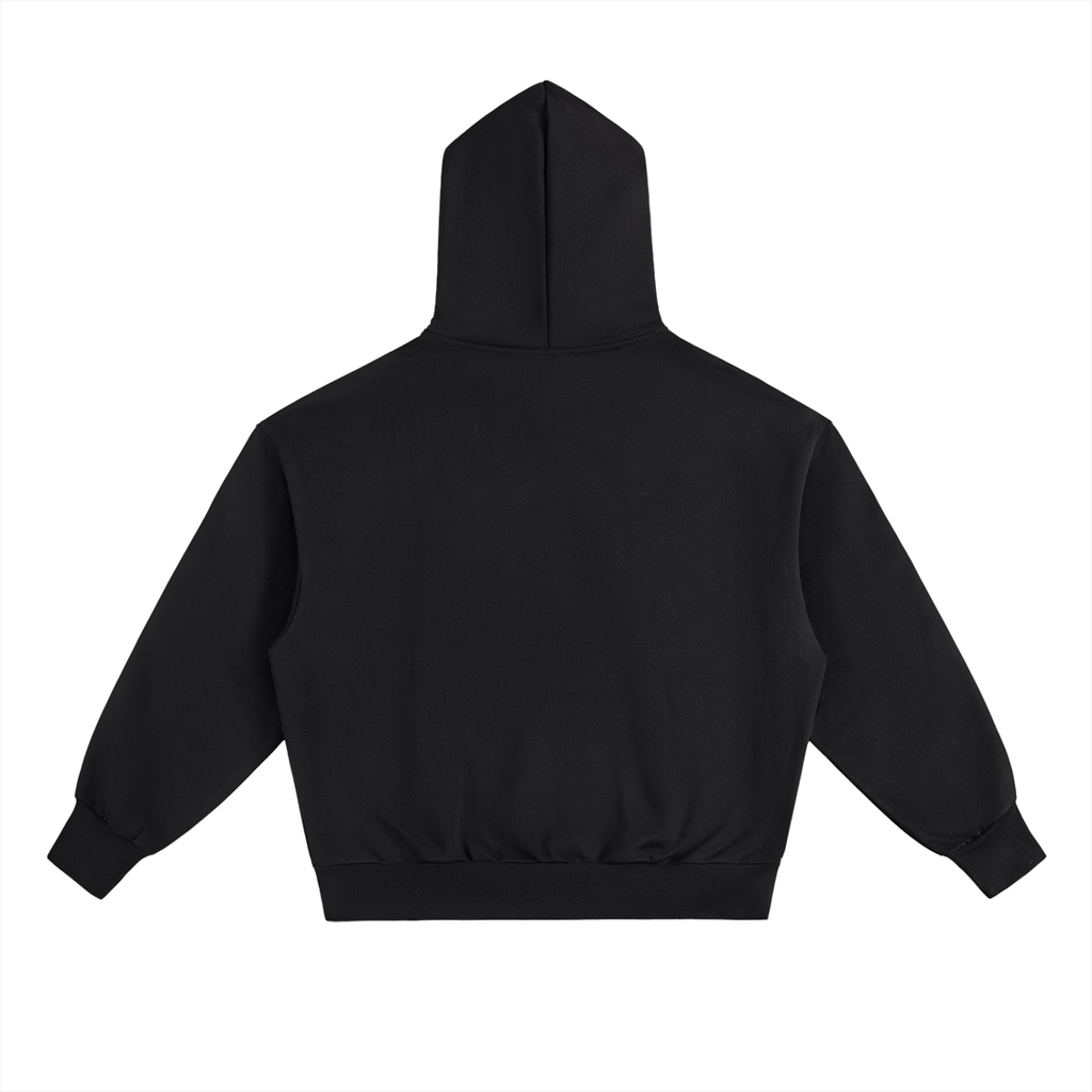 The Selma Hoodie, a plain black unisex design made from a soft cotton blend, is shown from the back with long sleeves, cuffed wrists and hem against a white background.