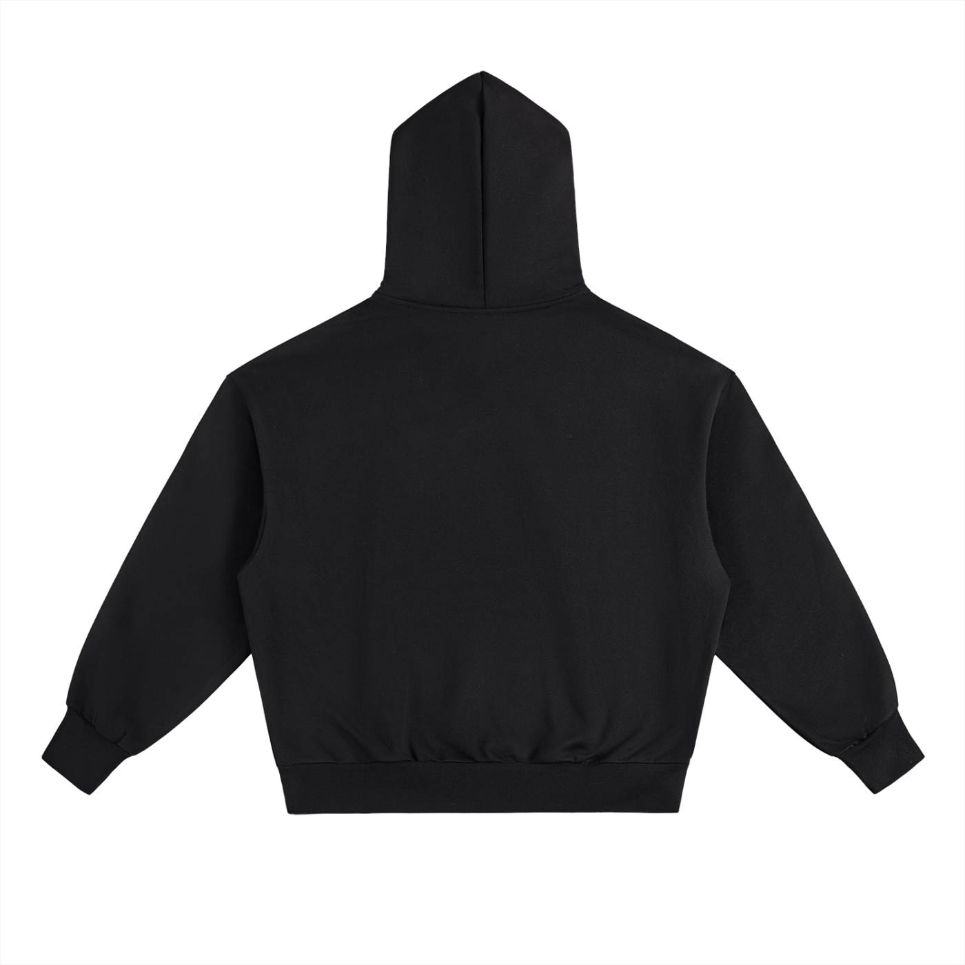 The Selma Hoodie, a plain black unisex design made from a soft cotton blend, is shown from the back with long sleeves, cuffed wrists and hem against a white background.
