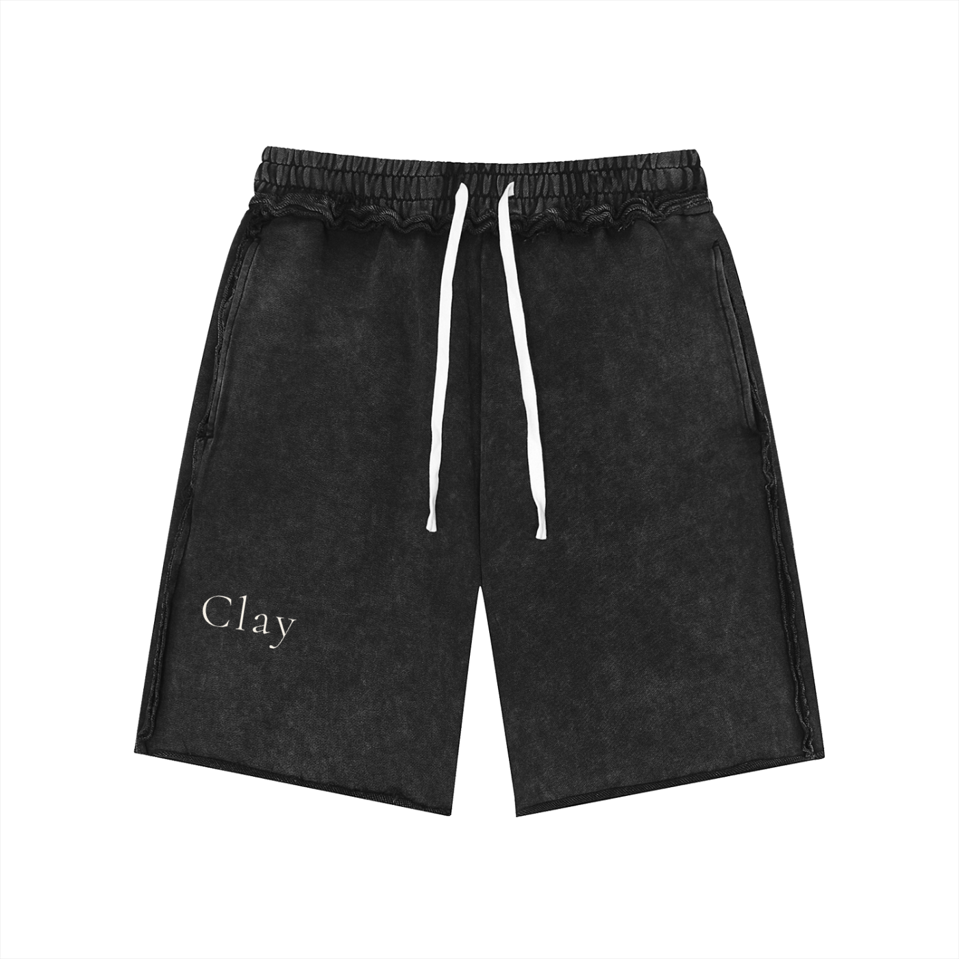 Pensacola Shorts: Black unisex cotton shorts with white drawstrings and "Clay" printed in white on the lower left leg, giving off a vintage streetwear style. Displayed on a plain white background.