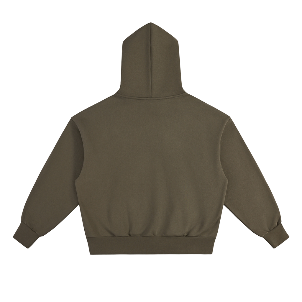 The Selma Hoodie, in olive green, is an oversized unisex style shown from the back on a white background. Made from a comfy cotton blend with long sleeves, ribbed cuffs and hem—ideal for casual wear.