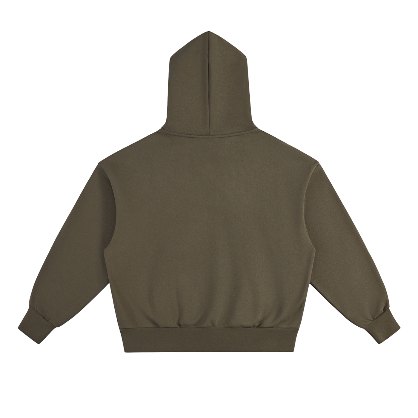 The Selma Hoodie, in olive green, is an oversized unisex style shown from the back on a white background. Made from a comfy cotton blend with long sleeves, ribbed cuffs and hem—ideal for casual wear.