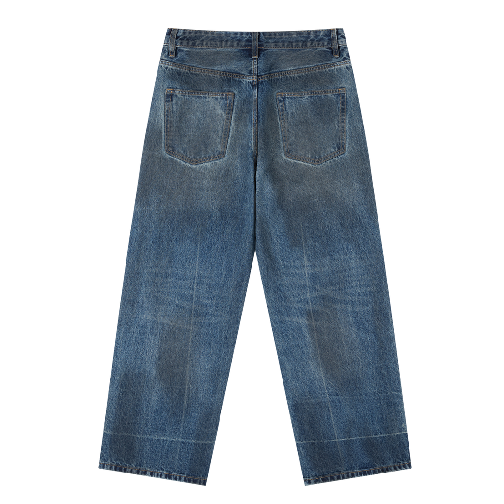Back view of Birmingham Vintage Baggy Jeans in blue denim with wide legs, two back pockets, and visible stitching. Jeans are laid flat on a white background.