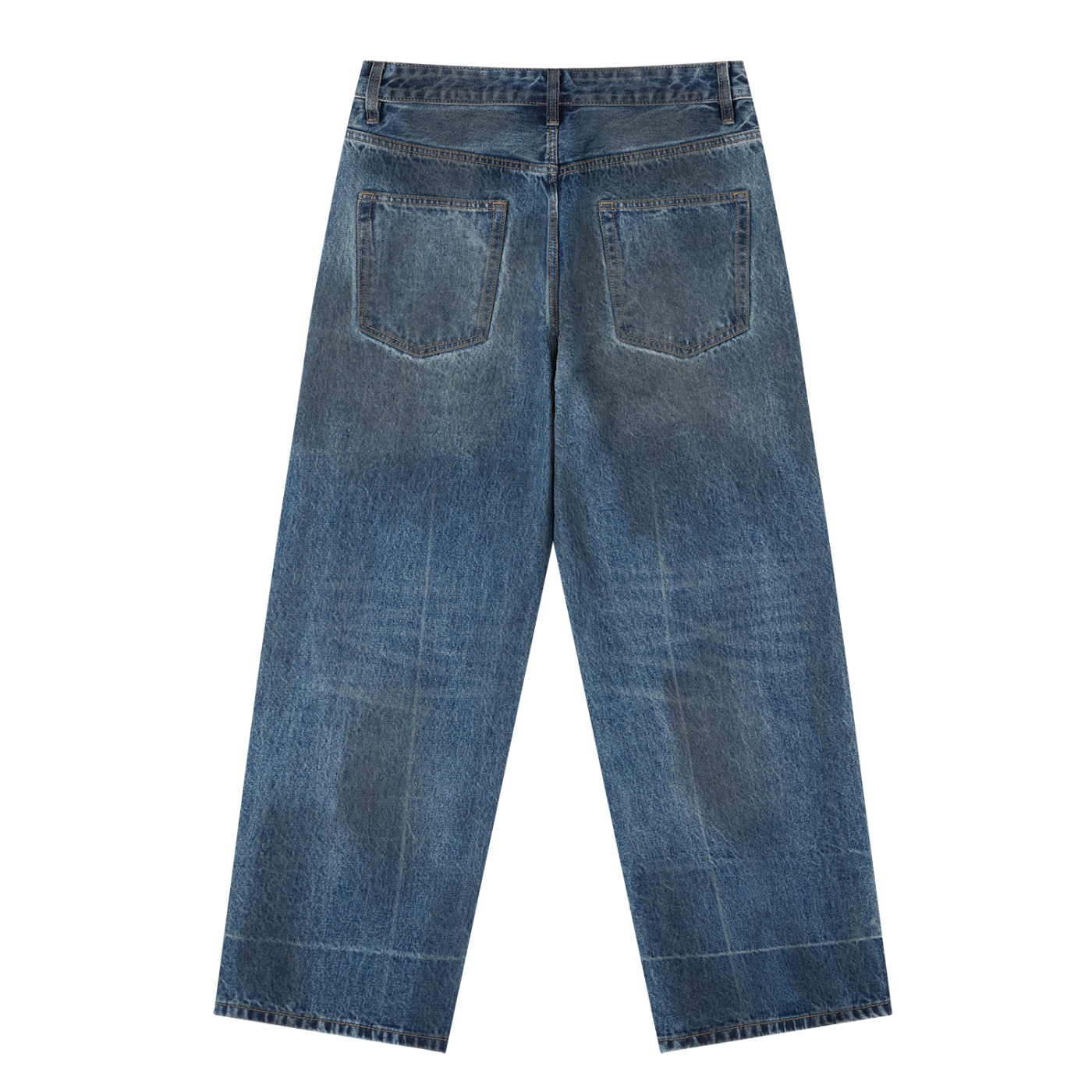 Back view of Birmingham Vintage Baggy Jeans in blue denim with wide legs, two back pockets, and visible stitching. Jeans are laid flat on a white background.